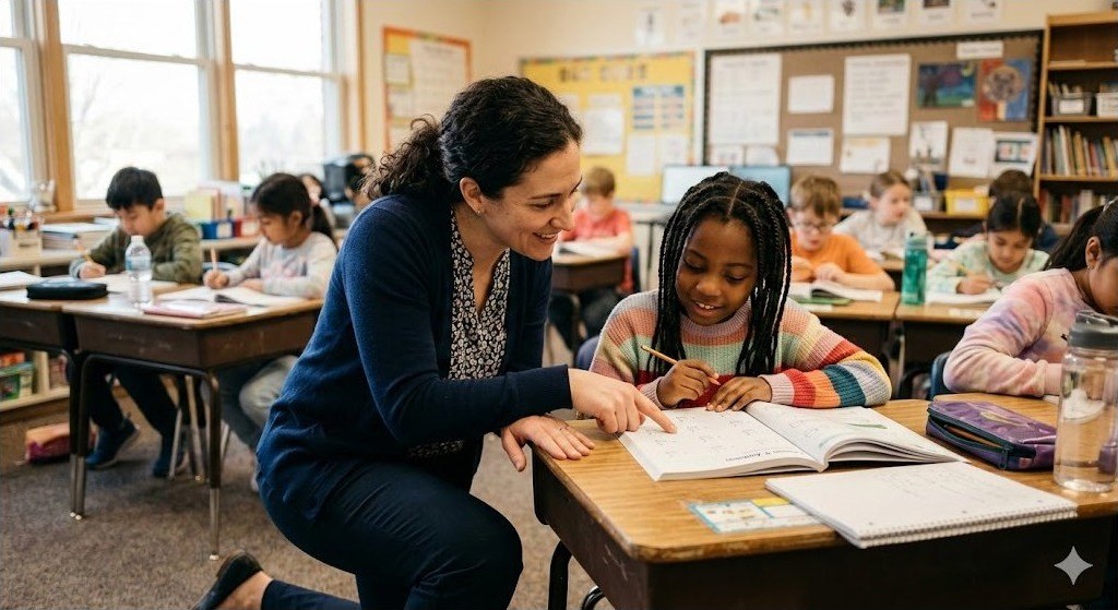 Teacher leaning beside a student at a classroom desk, offering one-on-one help while other students work nearby.