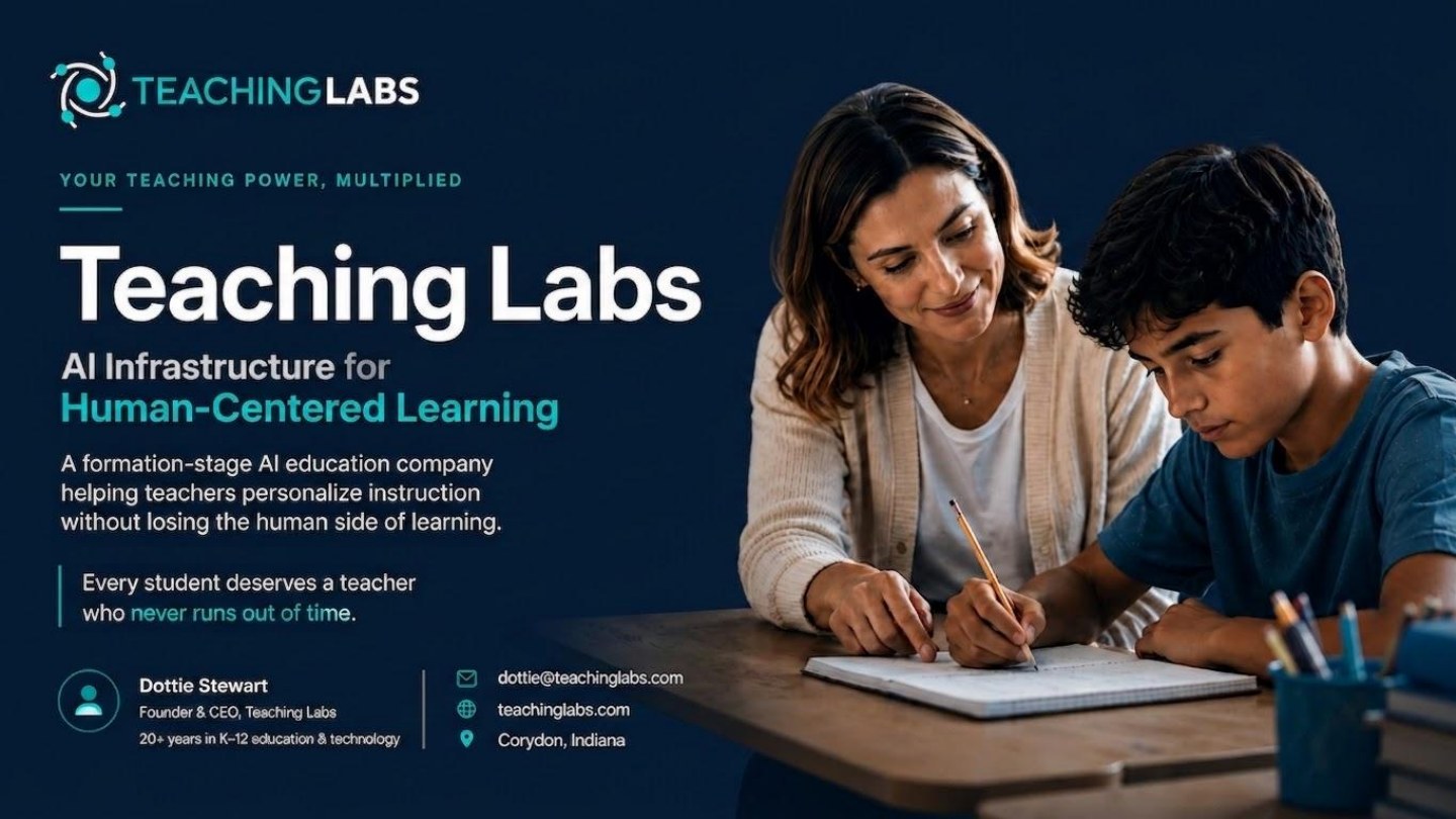 First page thumbnail of the dark theme Teaching Labs investor deck.