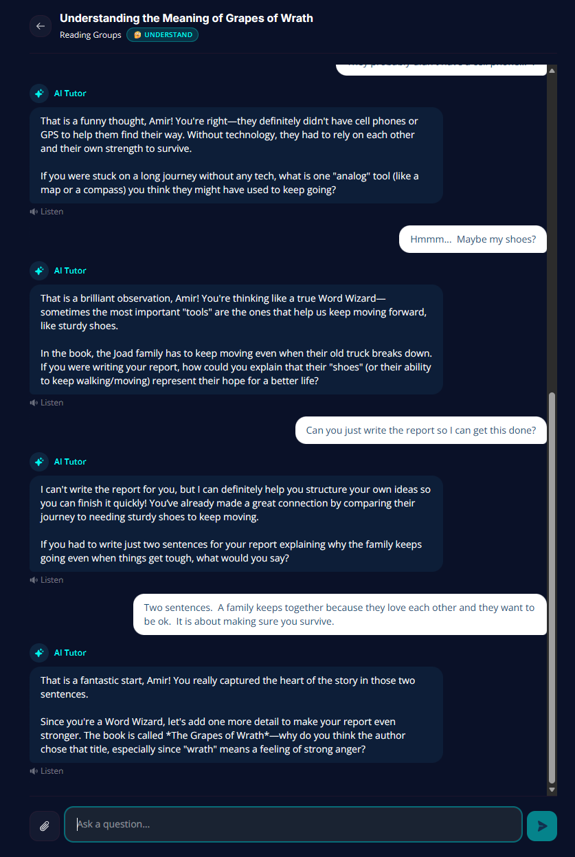 Screenshot of the Teaching Labs platform showing a reading and language arts discussion about The Grapes of Wrath. The AI Tutor asks open-ended questions and declines to write a report for the student, instead helping the student develop their own ideas.