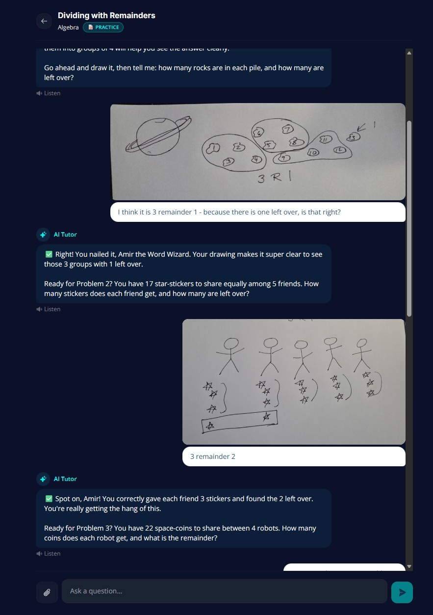 Screenshot of the Teaching Labs platform showing a student practicing division with remainders using hand-drawn illustrations. The AI Tutor reviews the drawings, confirms reasoning, and provides encouraging feedback as the student organizes items into equal groups and identifies remainders.