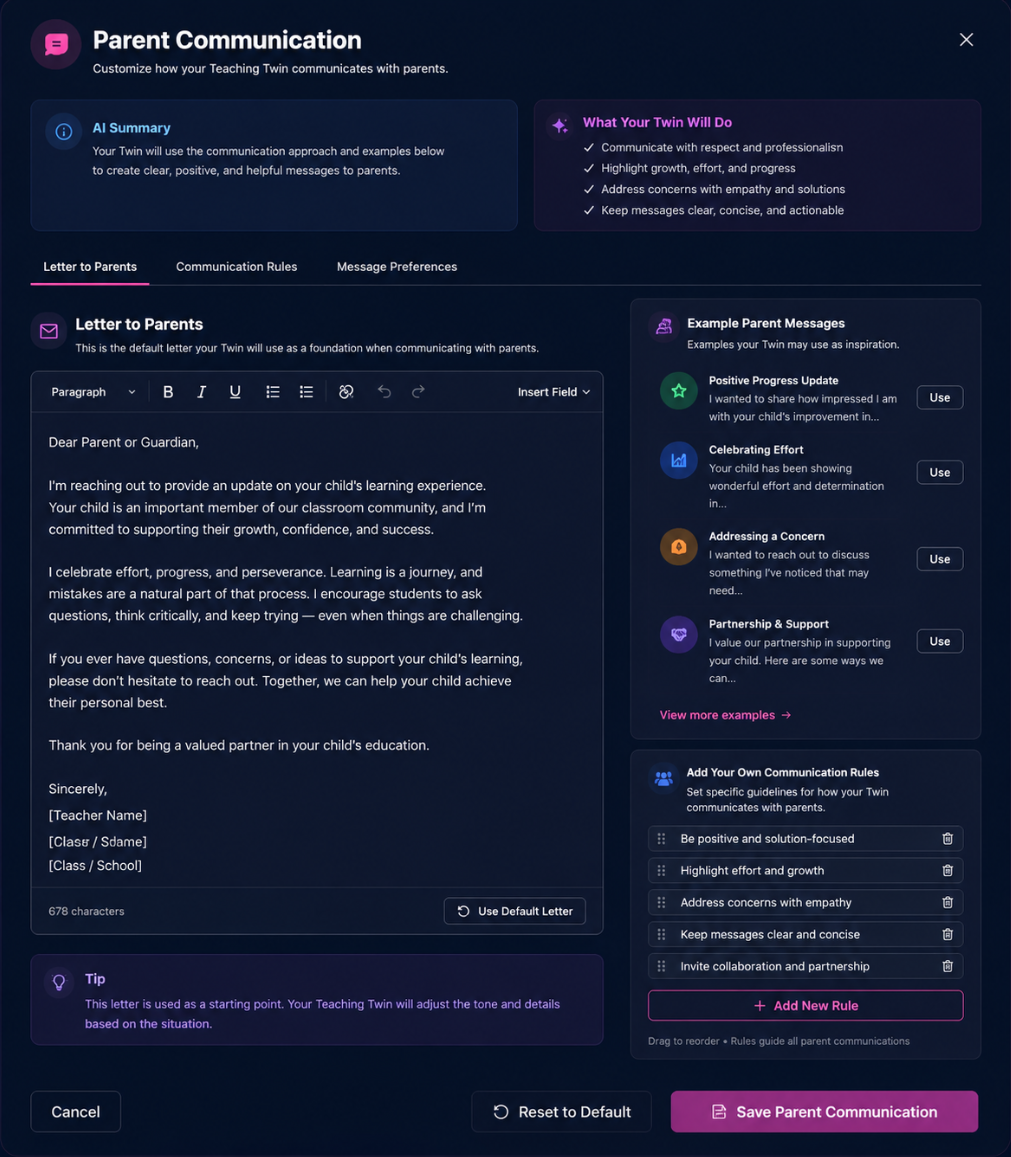 Screen from the Teaching Labs parent communication settings panel with a draft letter editor, example messages, and customizable communication rules.
