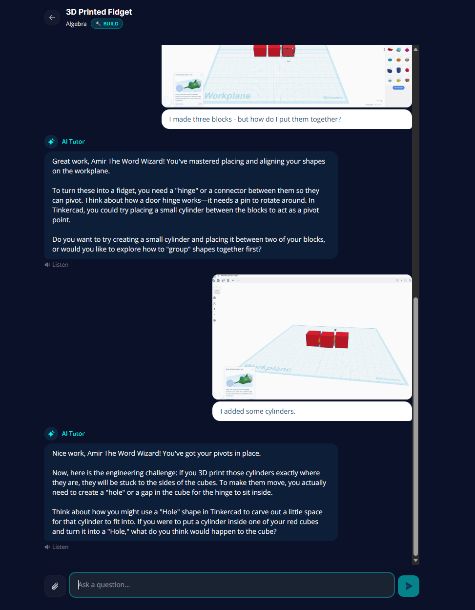Screenshot of the Teaching Labs platform showing a student working on a 3D printing design project in Tinkercad. The student shares images of a 3D model and an AI Tutor responds with personalized feedback and guiding questions about pivots, hinges, and design constraints.